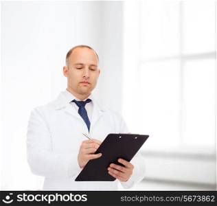 medicine, profession, workplace and healthcare concept - serious male doctor with clipboard writing prescription over white room background