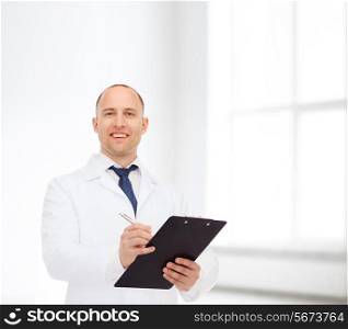 medicine, profession, workplace and healthcare concept - smiling male doctor with clipboard writing prescription over white room background