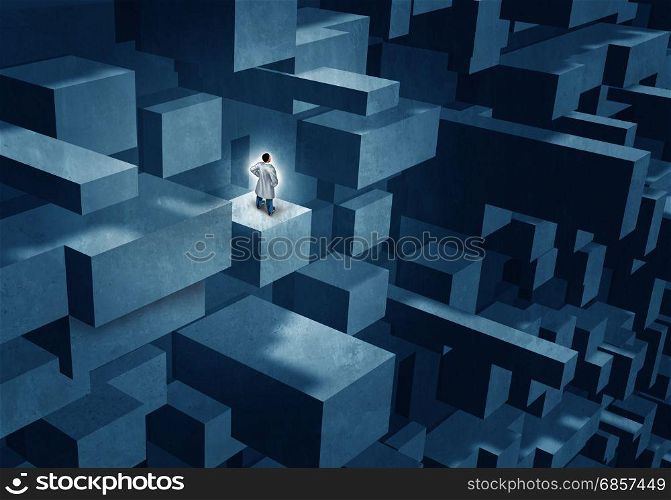 Medicine researcher and medical challenge concept as a doctor or scientist standing on a complicated structure as a healthcare research symbol with 3D illustration elements.