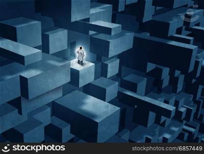 Medicine researcher and medical challenge concept as a doctor or scientist standing on a complicated structure as a healthcare research symbol with 3D illustration elements.