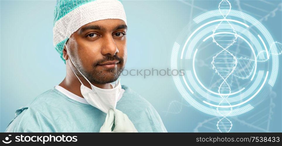 medicine, science and genetics concept - close up of indian male doctor, scientist or surgeon with protective mask over dna molecule on blue background. indian male doctor or scientist over dna molecule