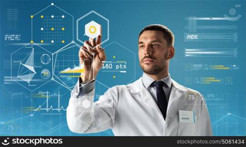 medicine, science, healthcare and people concept - doctor or scientist in white coat over blue background. doctor or scientist in white coat