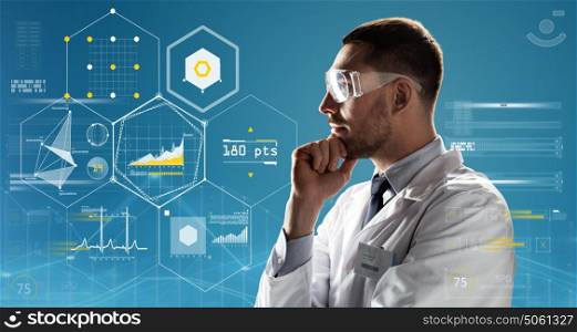medicine, science, healthcare and people concept - male doctor or scientist in white coat and safety glasses over blue background. doctor or scientist in lab coat and safety glasses