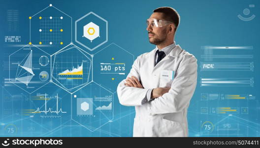 medicine, science, healthcare and people concept - male doctor or scientist in white coat and safety glasses over blue background. doctor or scientist in lab coat and safety glasses