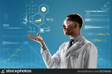 medicine, science, healthcare and people concept - male doctor or scientist in white coat and safety glasses touching something invisible over blue background. doctor or scientist in lab coat and safety glasses