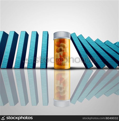 Medicine success solution and medication cure concept as a group of falling dominoes or domino objects stopped by a prescription pill bottle as an symbol for medical or pharmaceutical research success as a 3D illustration.&#xA;