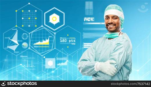 medicine, surgery and people concept - smiling indian male doctor or surgeon in protective wear over virtual charts projection on blue background. indian male doctor or surgeon in protective wear