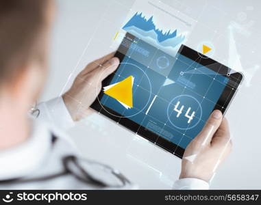 medicine, technology and people concept - close up of doctor holding tablet pc with graph on screen