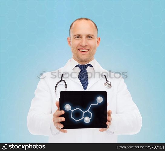 medicine, technology, people and biology concept - smiling male doctor showing tablet pc computer screen with molecular model over blue background