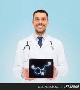 medicine, technology, people and biology concept - smiling male doctor showing tablet pc computer screen with molecular model over blue background