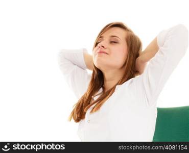 Medicine. Tired overworked woman doctor in lab coat stretching isolated on white. Health care.
