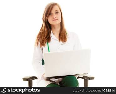 Medicine. Woman doctor in lab coat working on computer laptop isolated on white. Health care.