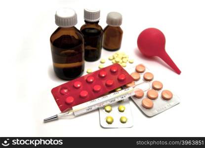 Medicines in stock on white background