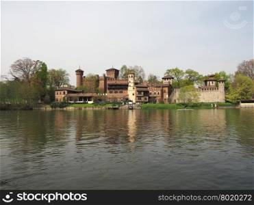 Medieval Castle in Turin. Castello Medievale (meaning Medieval Castle) in Parco del Valentino park seen from river Po in Turin, Italy