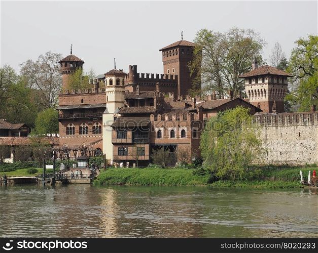 Medieval Castle in Turin. Castello Medievale (meaning Medieval Castle) in Parco del Valentino park seen from river Po in Turin, Italy