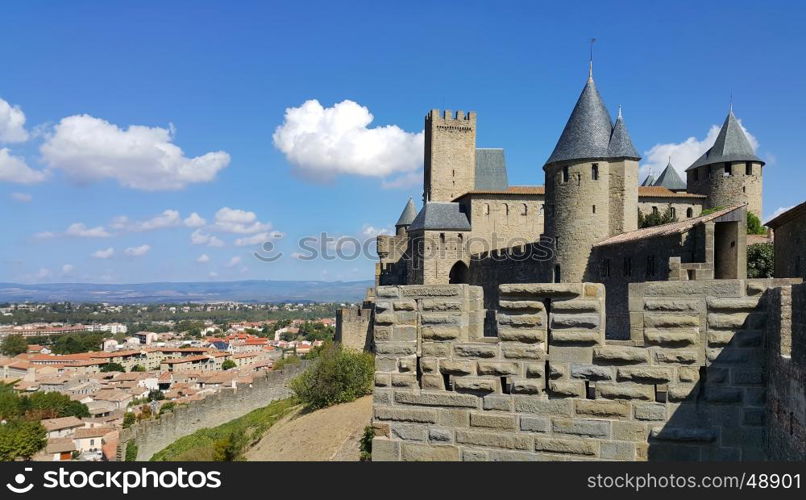 Medieval castle of Carcassonne and panorama of lower town, Languedoc-Roussillon, France