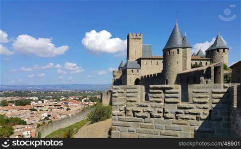 Medieval castle of Carcassonne and panorama of lower town, Languedoc-Roussillon, France
