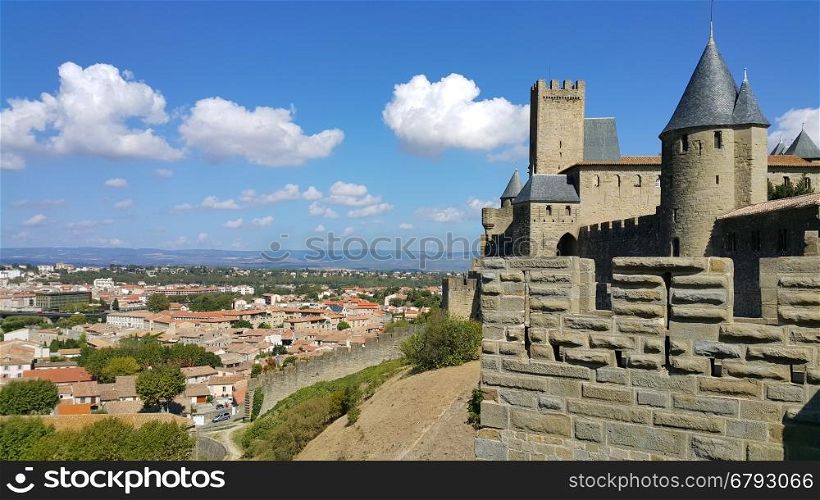 Medieval castle of Carcassonne and panorama of lower town, Languedoc-Roussillon, France