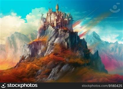 Medieval castle on mountains. Magical stone. Generate Ai. Medieval castle on mountains. Generate Ai