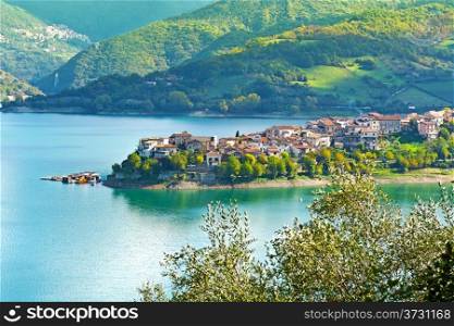 Medieval City on the Lake in the Apennines