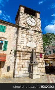 Medieval clock tower in Kotor in a beautiful summer day, Montenegro