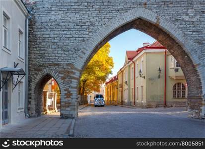 Medieval fortifications made of stone in the old Tallinn.. Tallinn. The fortress wall.