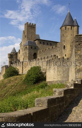 Medieval fortress and walled city of Carcassonne in south west France. Founded by the Visigoths in the fith century, it was restored in 1853 and is now a UNESCO World Heritage Site.
