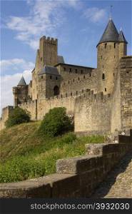 Medieval fortress and walled city of Carcassonne in south west France. Founded by the Visigoths in the fith century, it was restored in 1853 and is now a UNESCO World Heritage Site.