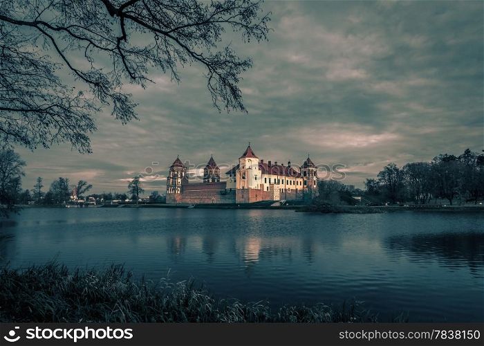 Medieval Gothic Mir Castle Complex in Belarus. Toning in vintage style
