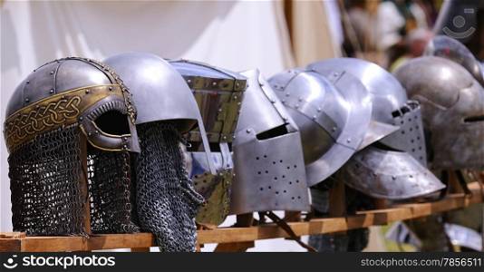 Medieval helmets ready for combat of knights.