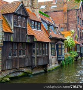 Medieval houses by canal in Bruges, Belgium