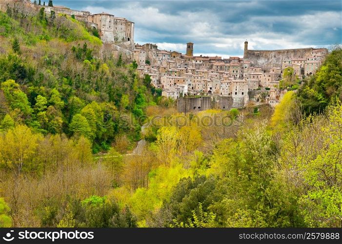 Medieval Italian Town Sorano Surrounded by Mountains in the Rainy Weather