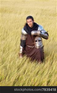 Medieval knight in the field with a helmet