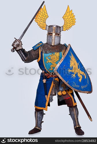 Medieval knight isolated on grey background.