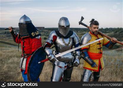 Medieval knights with swords and axe poses in armour, great fighter. Armored ancient warriors in armor posing in the field