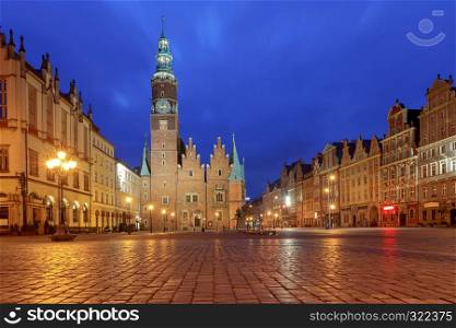 Medieval market square in night lighting at sunrise. Wroclaw Poland.. Wroclaw Market Square at night.