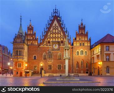 Medieval market square in night lighting at sunrise. Wroclaw Poland.. Wroclaw Market Square at night.
