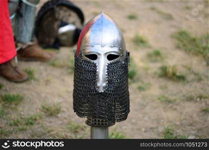 medieval metal armor and helmet knight close detail