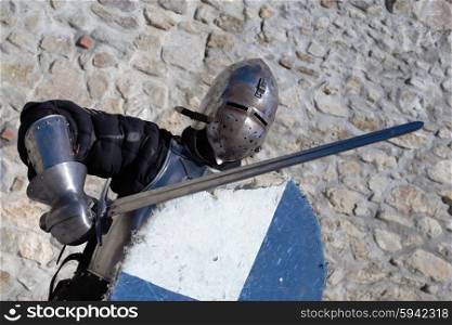 medieval metal armor and helmet mercenary knight swordsman