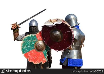 medieval metal armor and helmet mercenary warriors fighting isolated over white