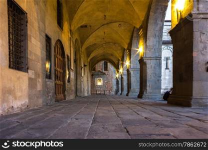 medieval portico, with vaulted ceilings, historic building in Pistoia