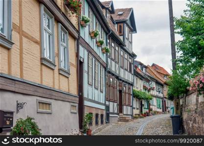 Medieval road and cityscape of Quedlinburg, Germany. Medieval road and cityscape of German Quedlinburg