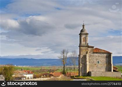 Medieval Spanish Church Surrounded by Fields in the Rainy Weather