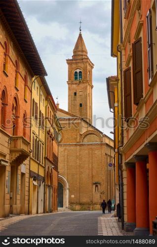 Medieval street with church in the old town of Cesena, Emilia-Romagna, Italy - Italian cityscape