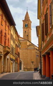 Medieval street with church in the old town of Cesena, Emilia-Romagna, Italy - Italian cityscape