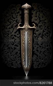 Medieval sword and scabbard. Fantasy golden sword with long blade. Neural network AI generated art. Medieval sword and scabbard. Fantasy golden sword with long blade. Neural network generated art