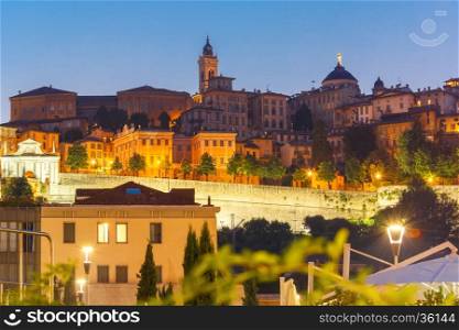 Medieval Upper town Citta alta of Bergamo with towers and churches at sunset, Lombardy, Italy