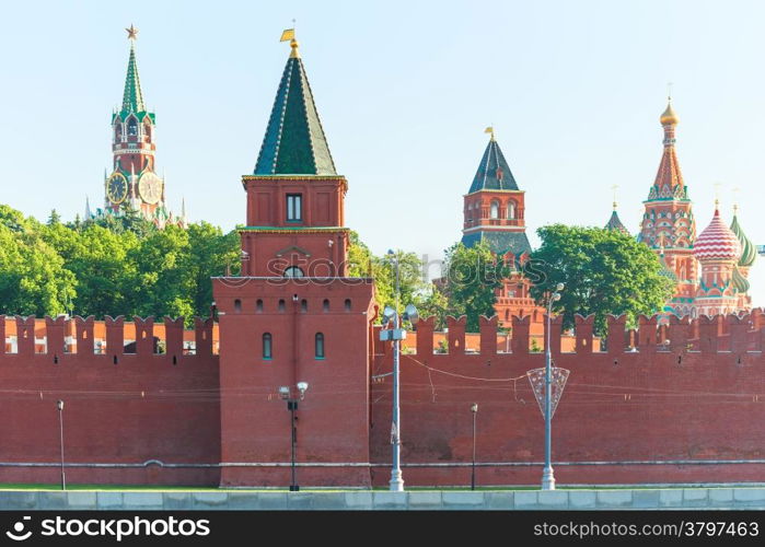 Medieval walls of Moscow Kremlin red brick