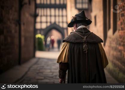 Medieval wanderer on the street of the old city. Neural network AI generated art. Medieval wanderer on the street of the old city. Neural network AI generated