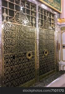 MEDINA, SAUDI ARABIA - JUNE 24, 2019: The tomb of the Islamic prophet Muhammad and early Muslim leaders, Abu Bakar and Umar on June 24, 2019 in Madinah, Saudi Arabia. His grave was designed in oriental style.